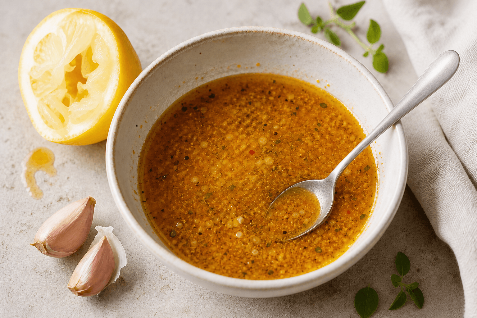 Hjemmerørt marinade til kylling med citron, hvidløg, paprika og oregano i en lys skål.