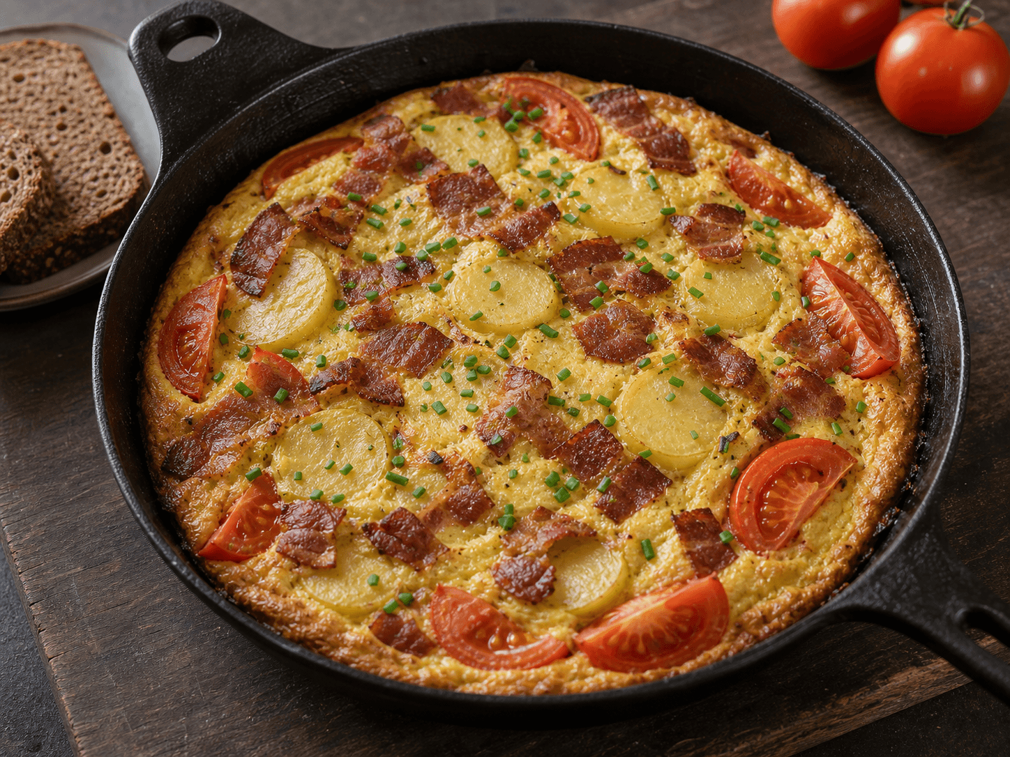 Æggekage i ovn med bacon, kartofler, tomat og purløg i en støbejernspande