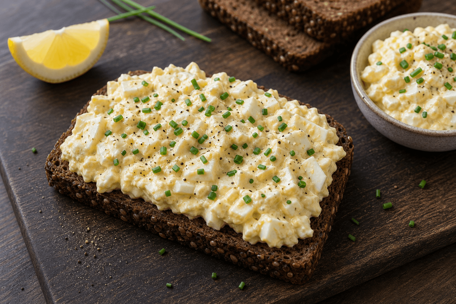Æggesalat med purløg på rugbrød med citron ved siden af