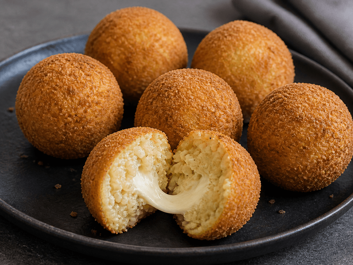 Gyldne arancini med sprød panering, risotto og smeltet mozzarella i midten