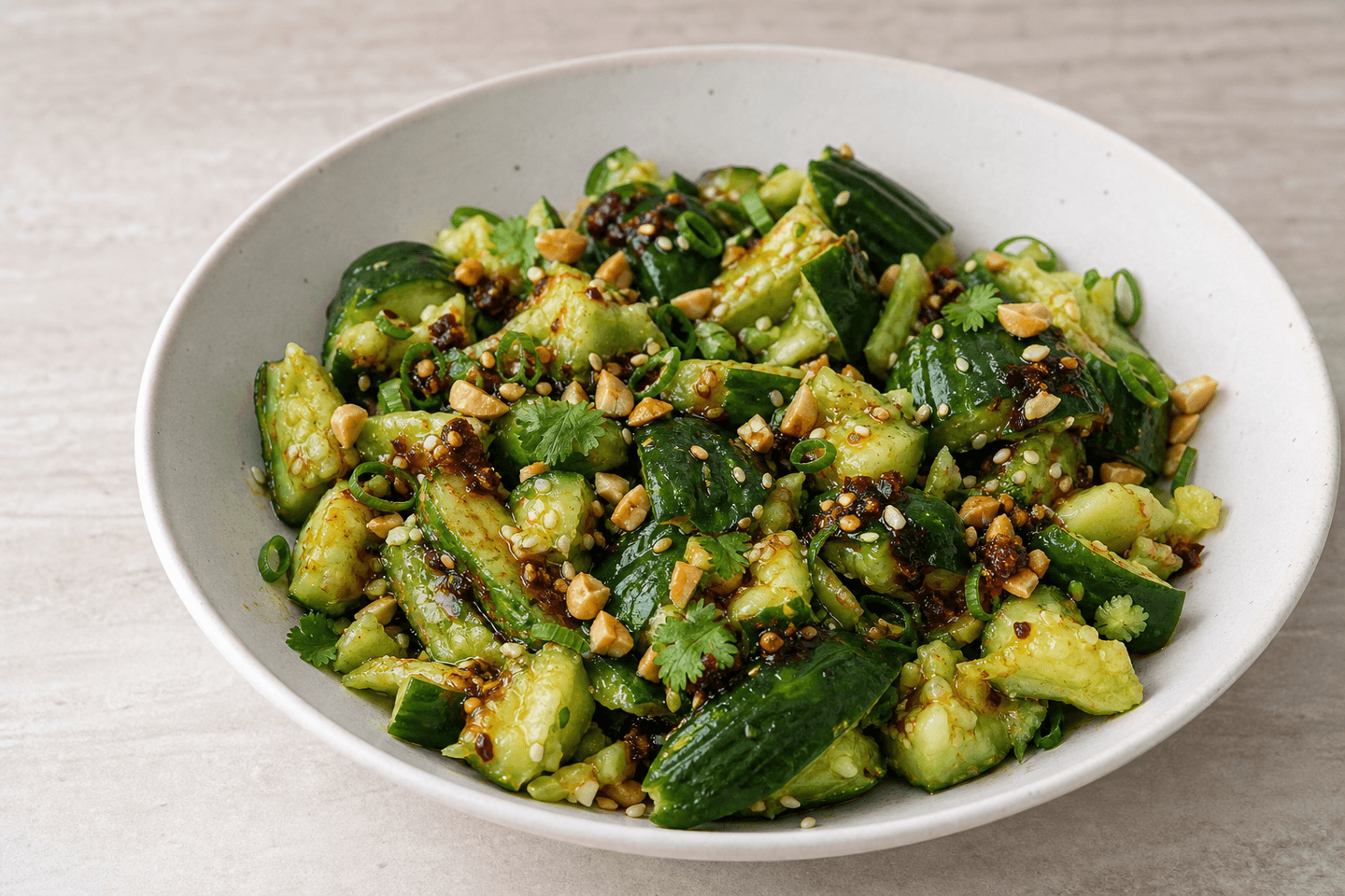 Asiatisk agurkesalat med grove stykker smadret agurk, chili crisp, sesam, peanuts og forårsløg.