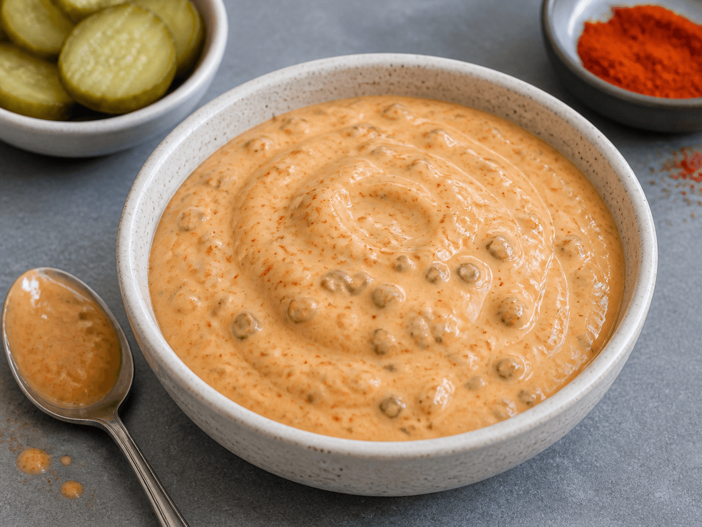 Cremet Big Mac dressing med syltet agurk og paprika i en skål