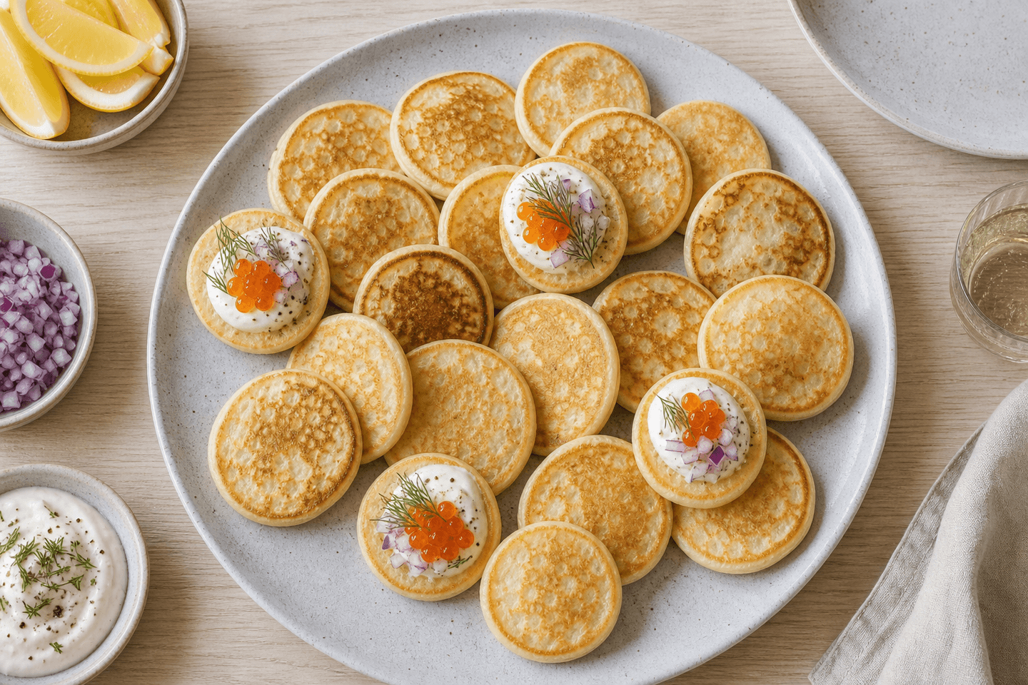 Små blinis på et serveringsfad med en enkel, salt frokosttopping.