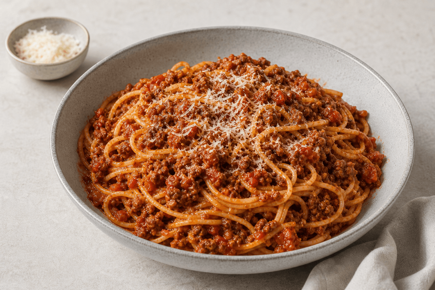 Bolognese med pasta, tomatsauce, hakket oksekød og en enkel parmesanfinish.
