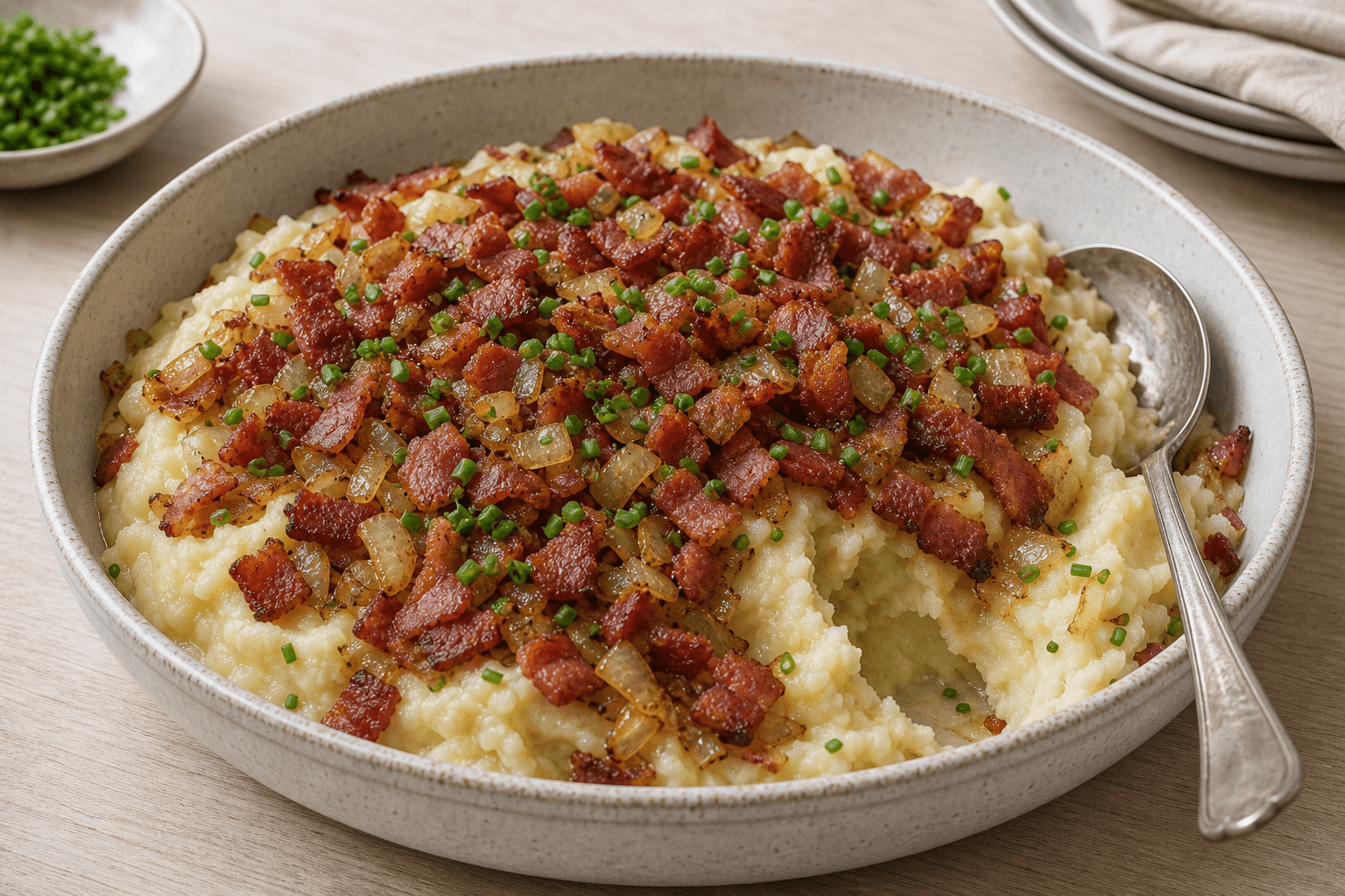 Brændende kærlighed med kartoffelmos, sprød bacon, bløde løg og purløg.