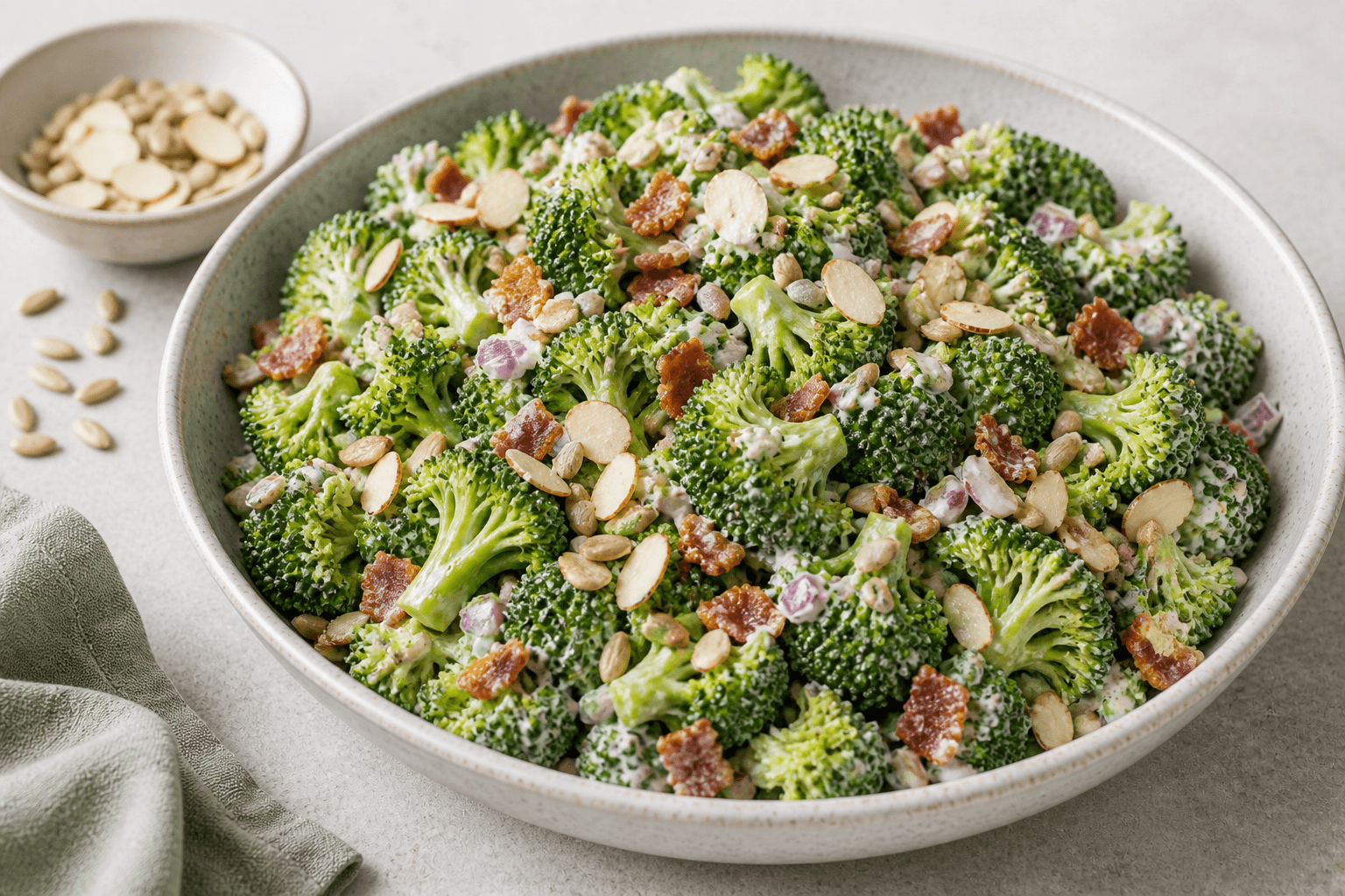 Broccolisalat med sprød broccoli, bacon, kerner og cremet dressing.