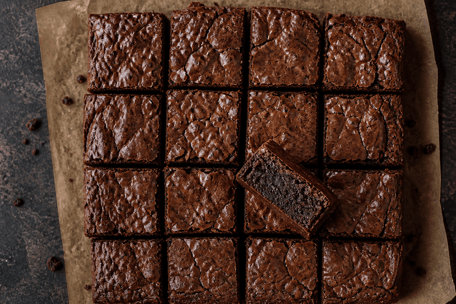Brownie skåret i firkanter med krakeleret top og fudgy midte.