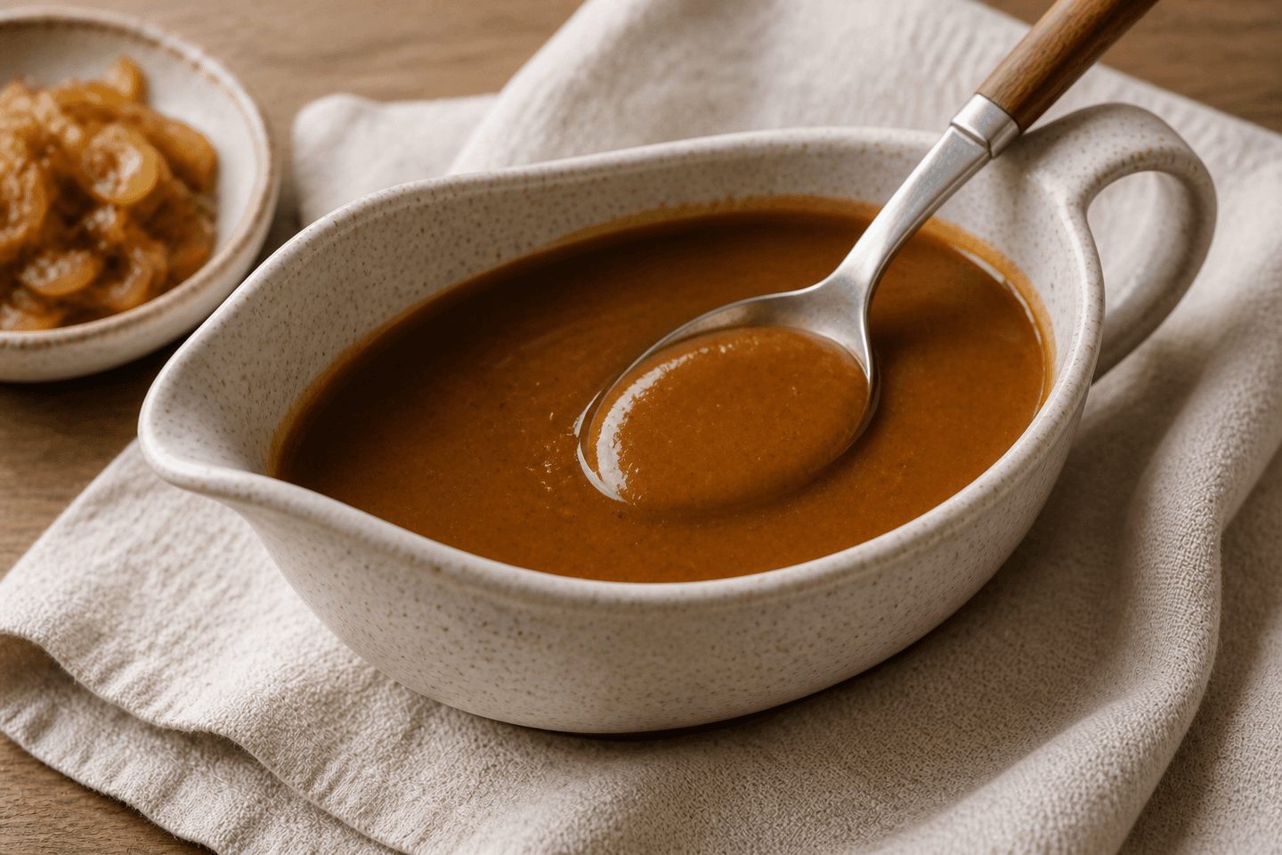 Brun sovs i en lille saucekande med blank og jævn konsistens.