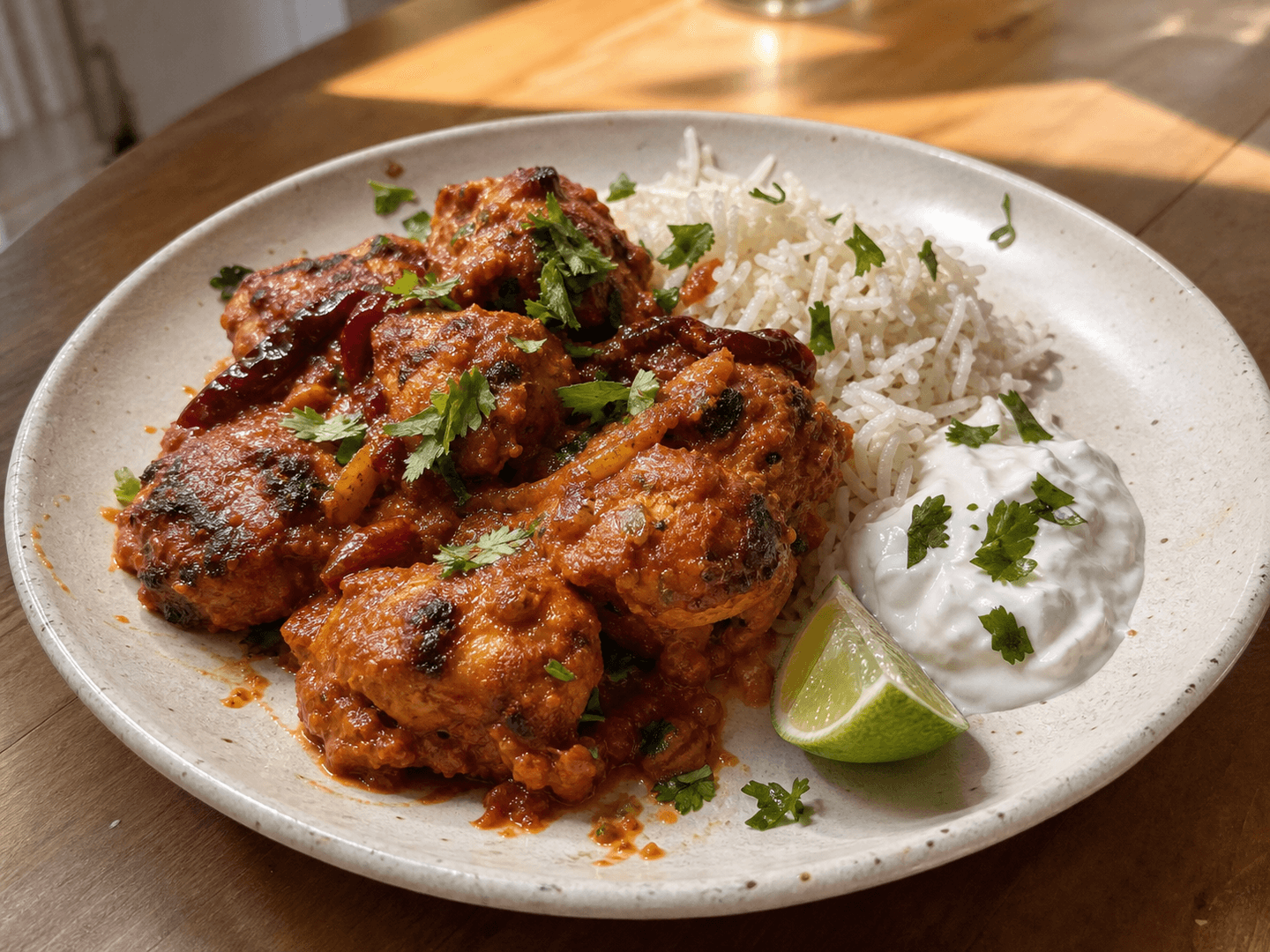 Butter chicken med let stegte kyllingestykker, basmatiris, yoghurt, lime og koriander på en rustik tallerken.
