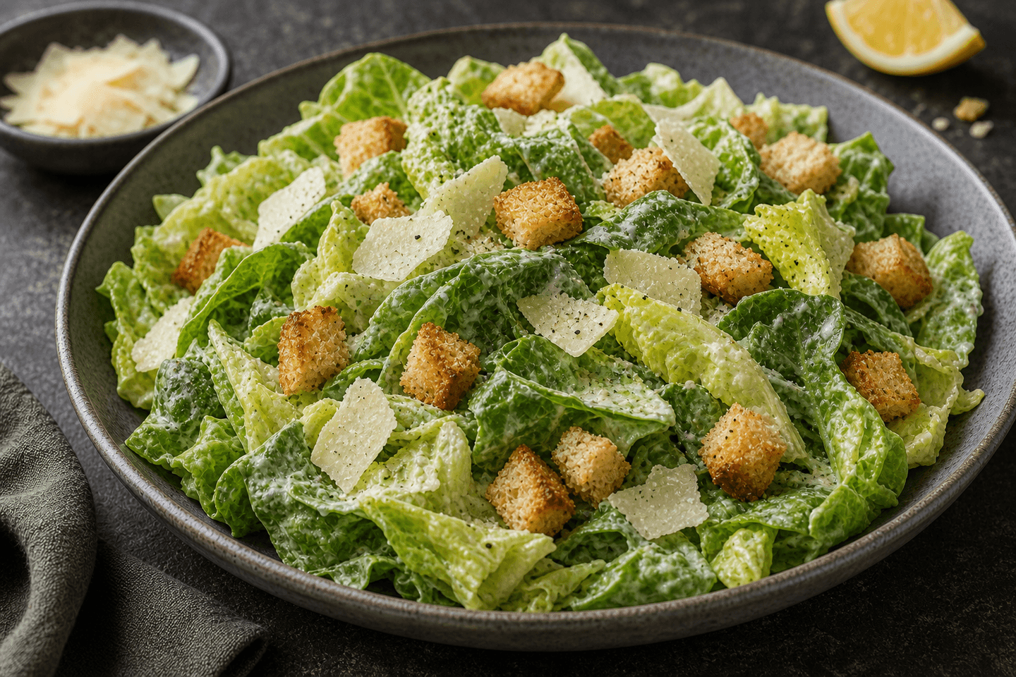 Cæsarsalat med sprød romainesalat, croutoner, parmesan og cremet dressing.