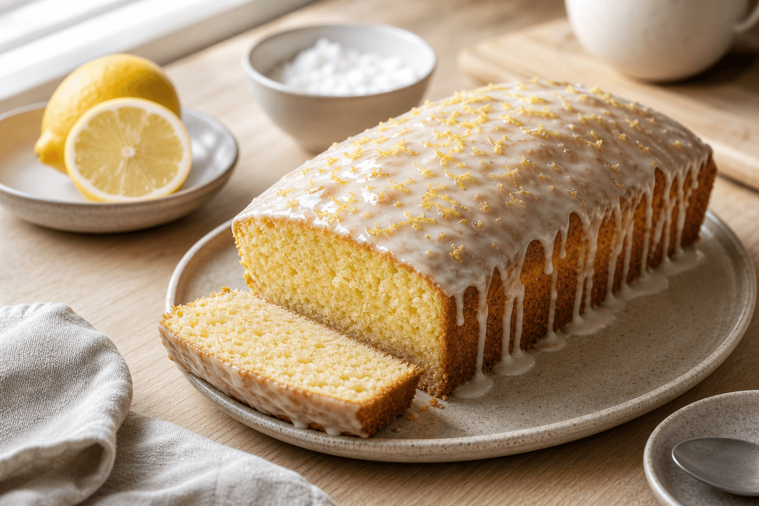 Citronkage med glasur, citronskal og skåret stykke.