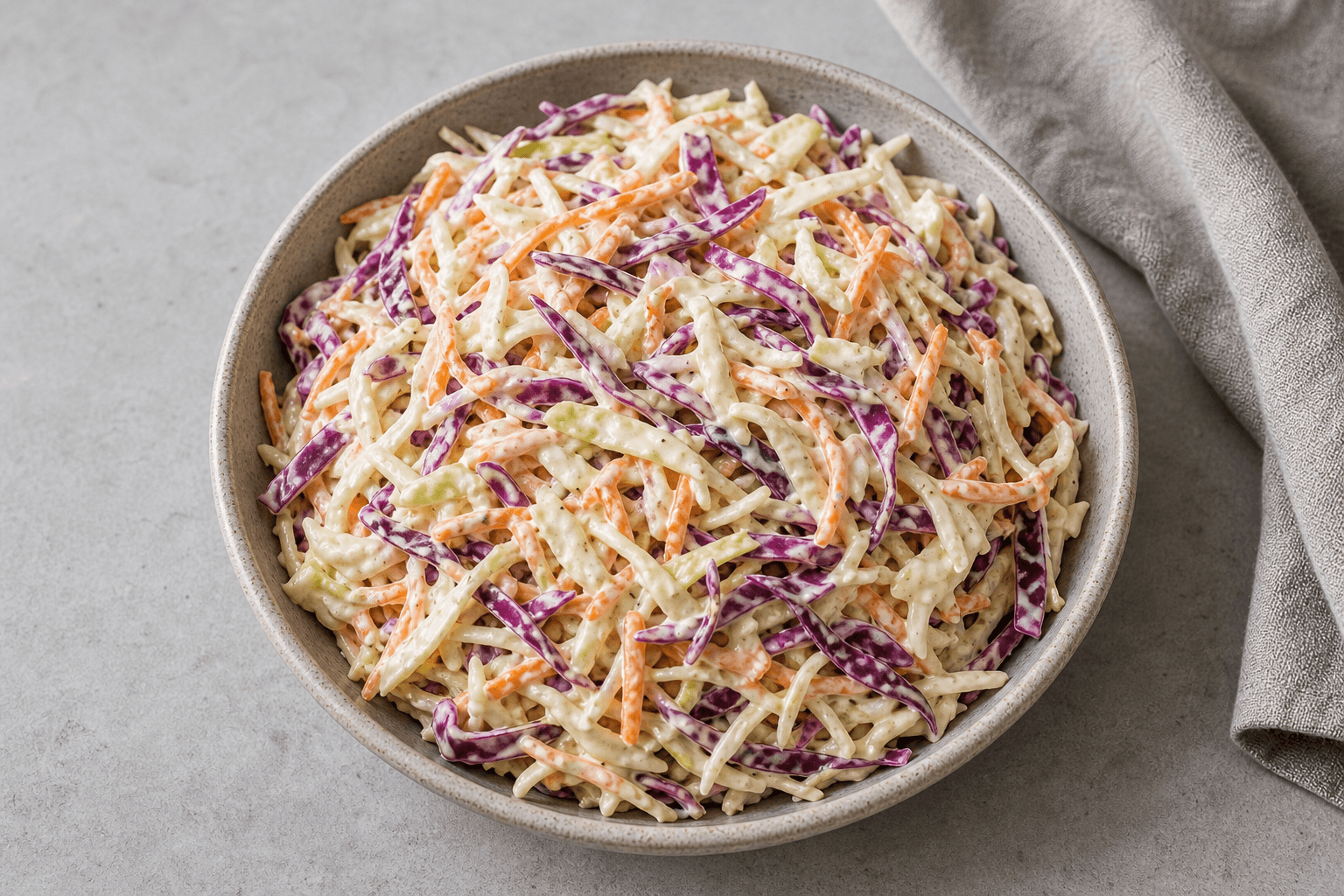 Coleslaw i skål med hvidkål, rødkål, gulerod og cremet dressing.