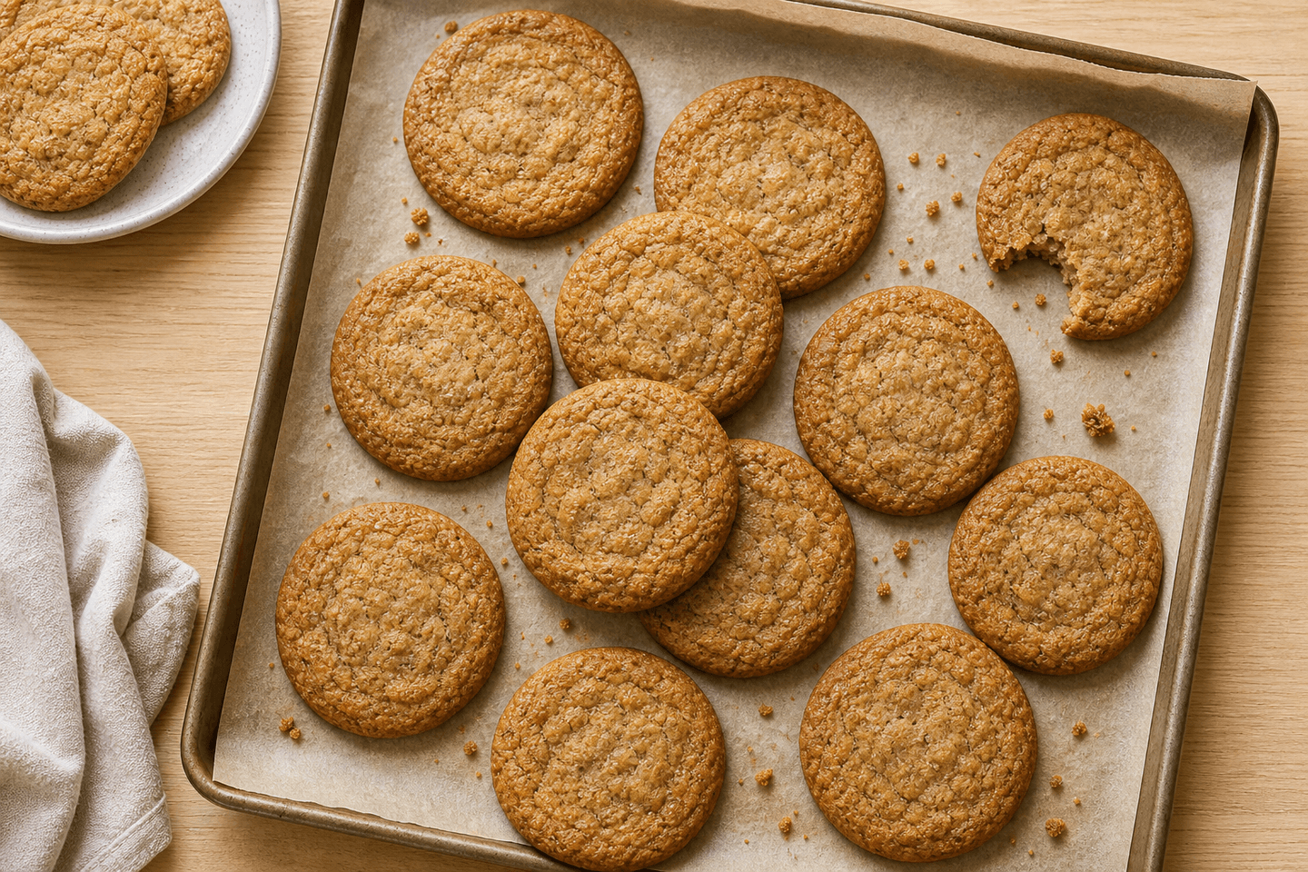 Cookies med sprøde kanter og blød midte på bagepapir.