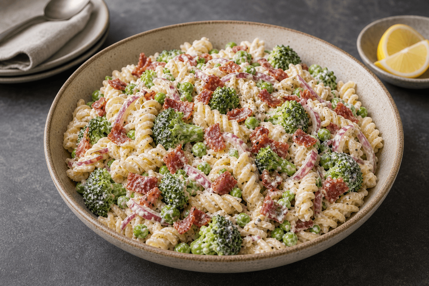 Cremet pastasalat i skål med pasta, broccoli, bacon og ærter.