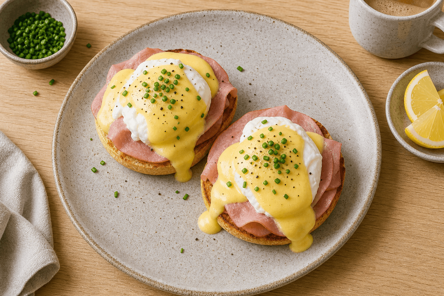 Eggs Benedict med pocherede æg, skinke og hollandaise på ristet brød.