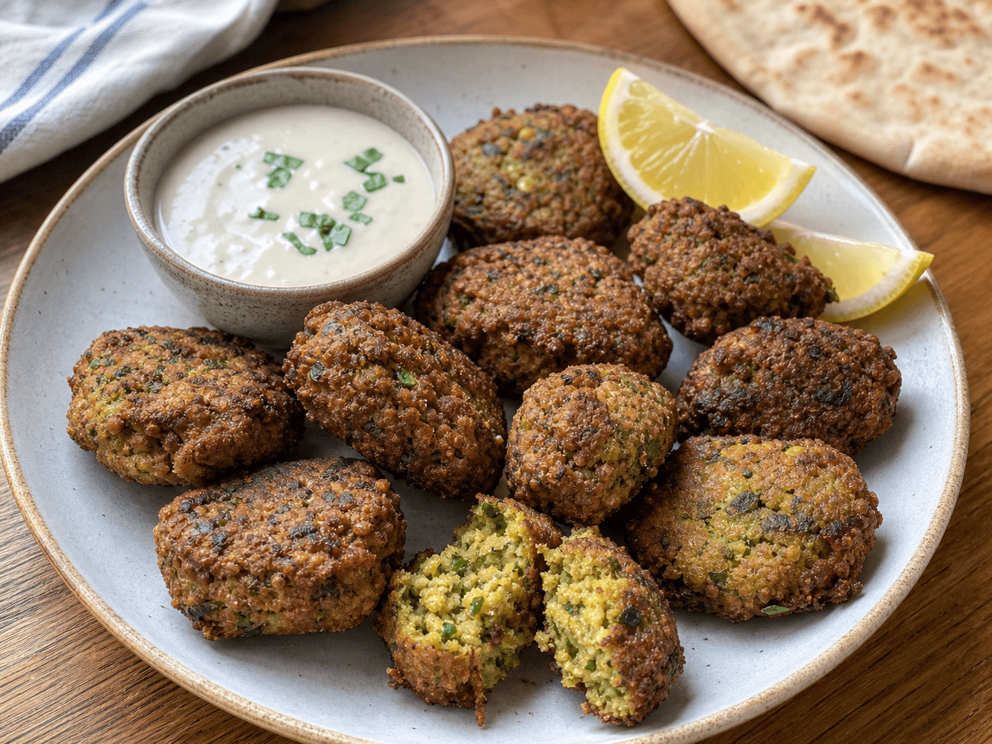 Hjemmelavede falafler med ujævn sprød overflade, grøn midte og cremet dip.