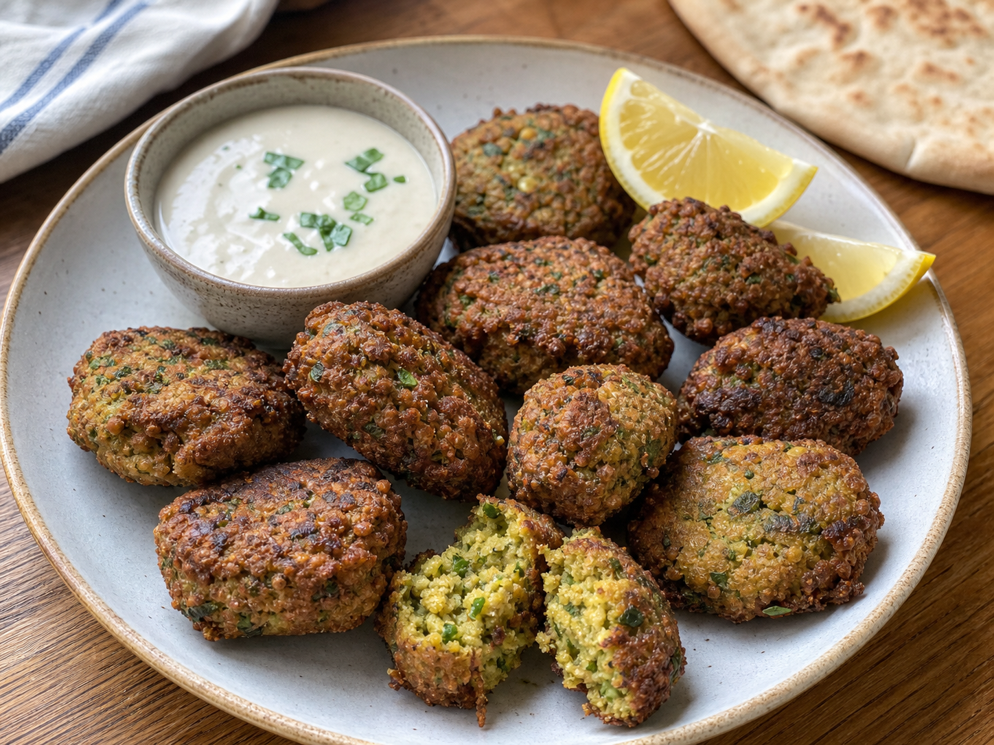 Hjemmelavede falafler med ujævn sprød overflade, grøn midte og cremet dip.