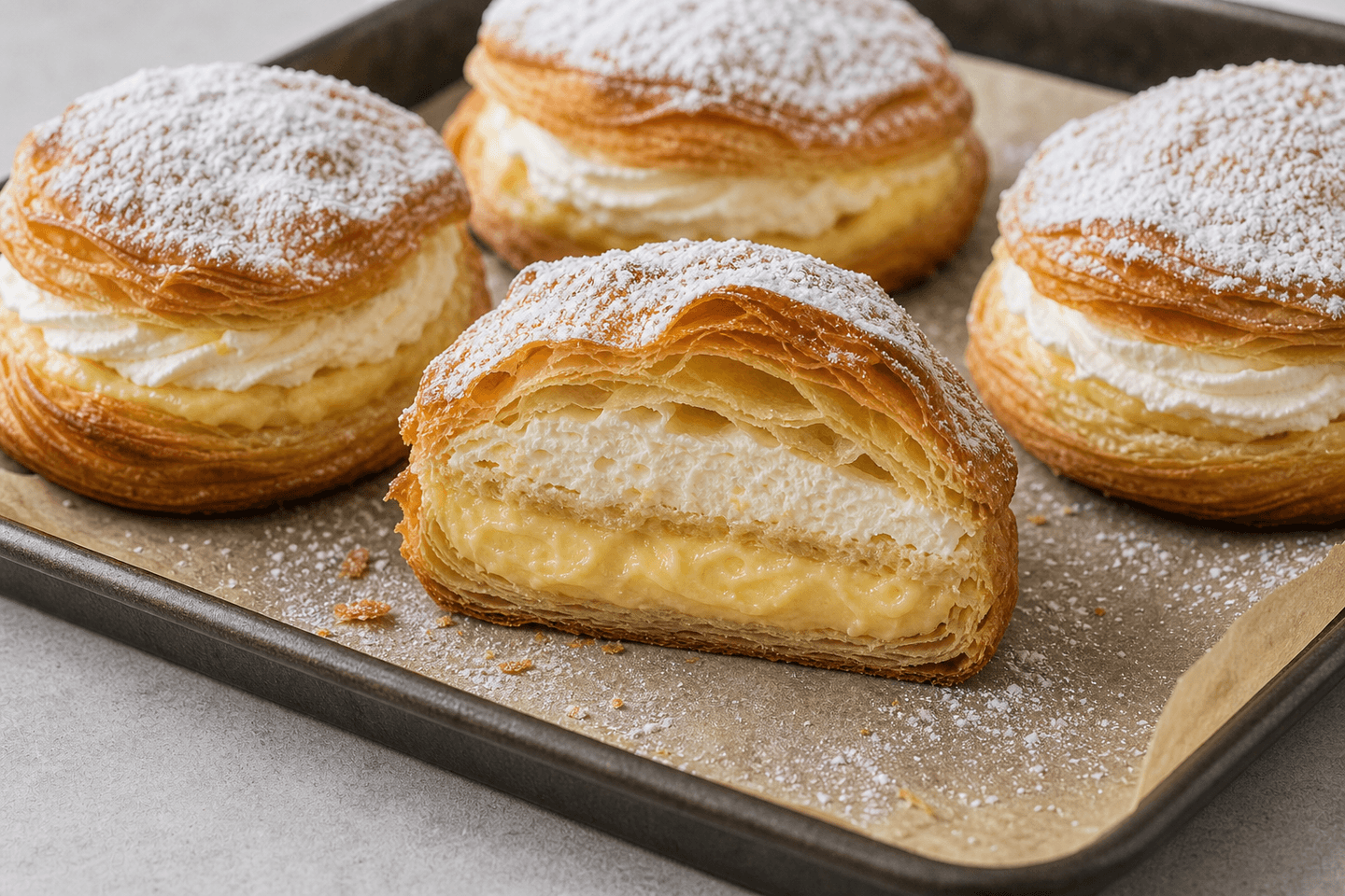Fastelavnsboller af wienerbrødsdej med sprøde lag, creme og flødeskum.