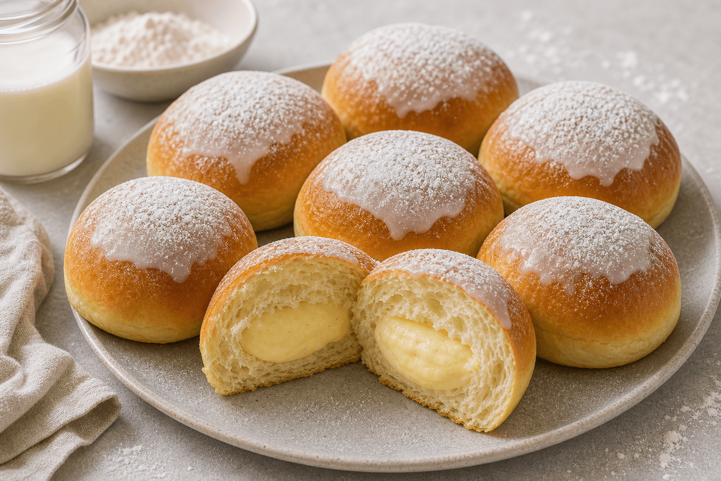 Fastelavnsboller med tangzhong, lys glasur og blød cremefyldt krumme.