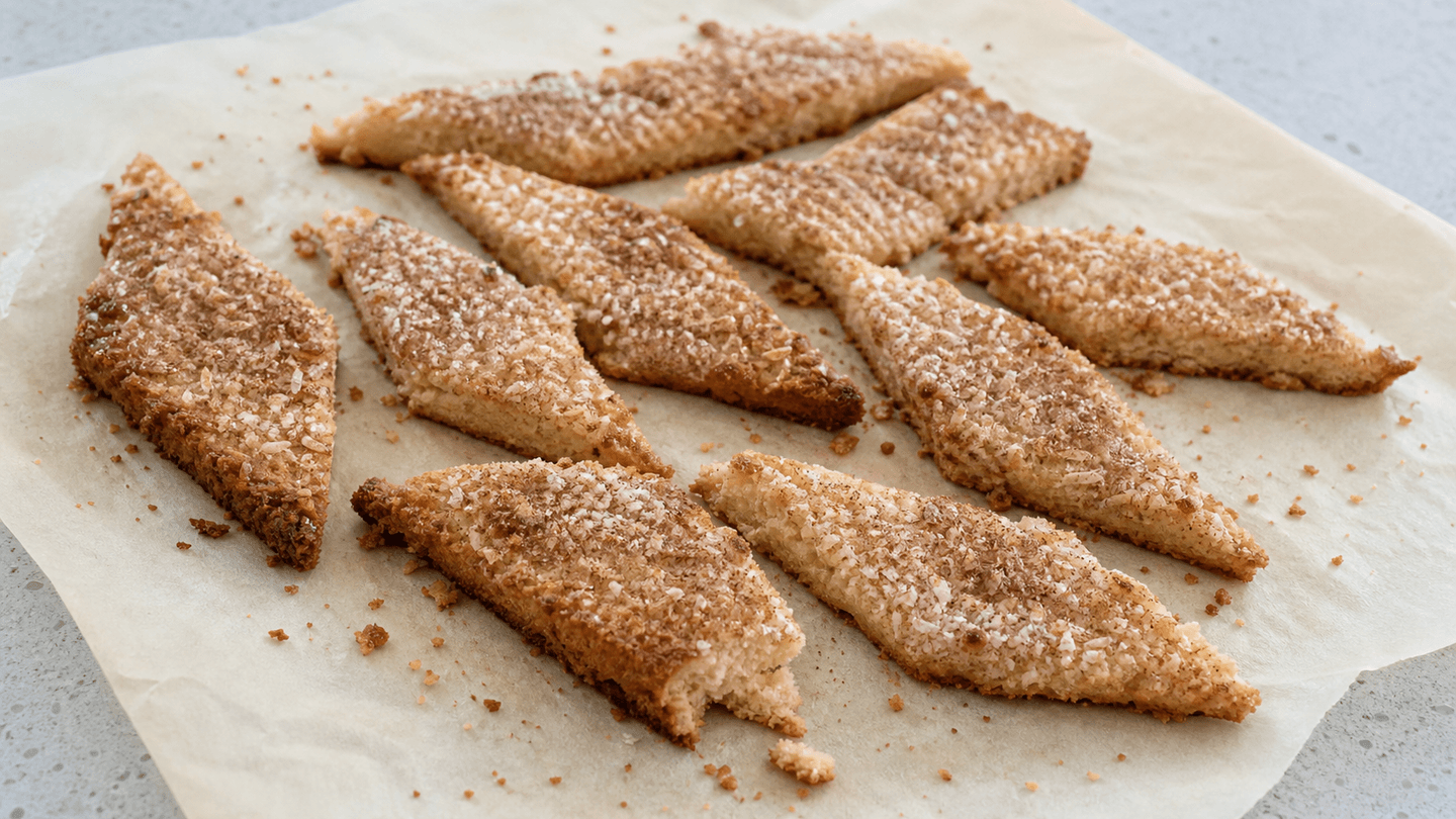 Hjemmebagte fedtebrød skåret i ujævne skrå stykker med kokos, kanelsukker og sprøde kanter.