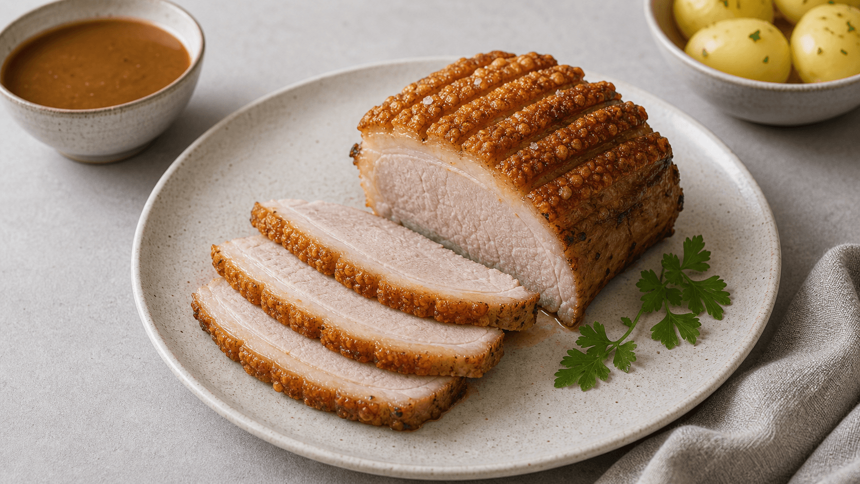 Flæskesteg i airfryer serveret i skiver med sprøde svær, kartofler og rødkål.