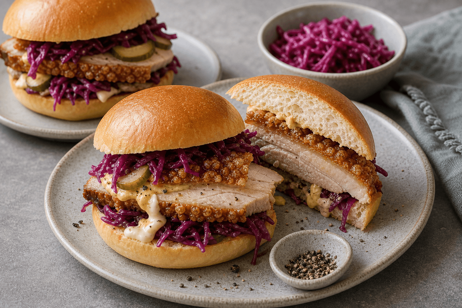 Flæskestegssandwich med sprøde svær, rødkål, syltet agurk og dressing.