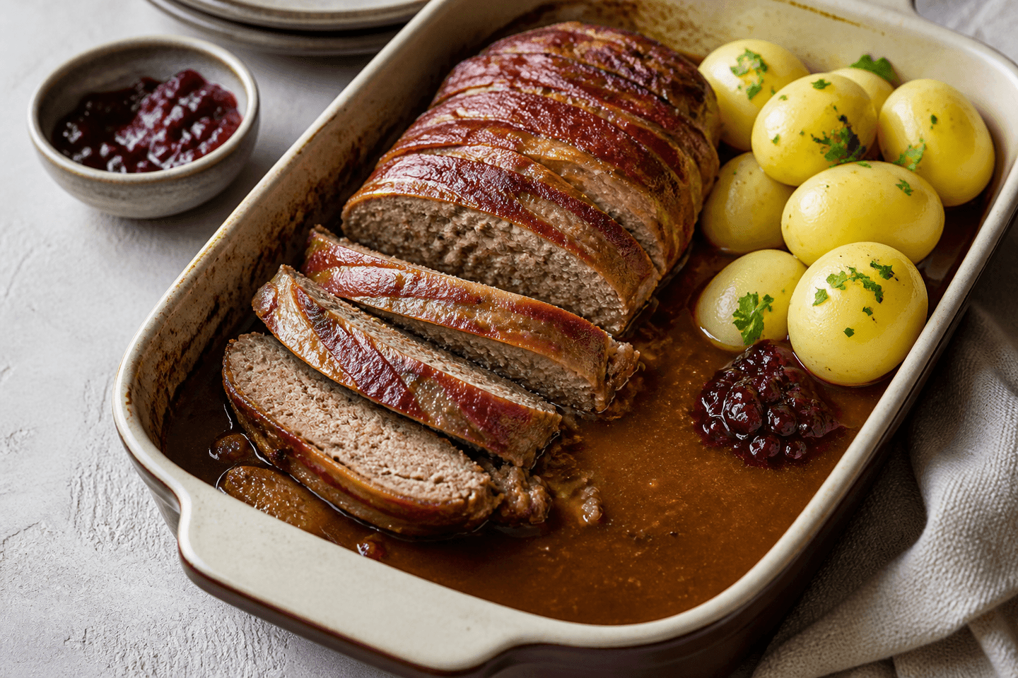 Forloren hare skåret i skiver med bacon, brun sauce, kartofler og tyttebær.