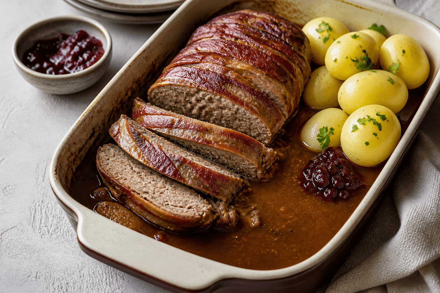Forloren hare skåret i skiver med bacon, brun sauce, kartofler og tyttebær.