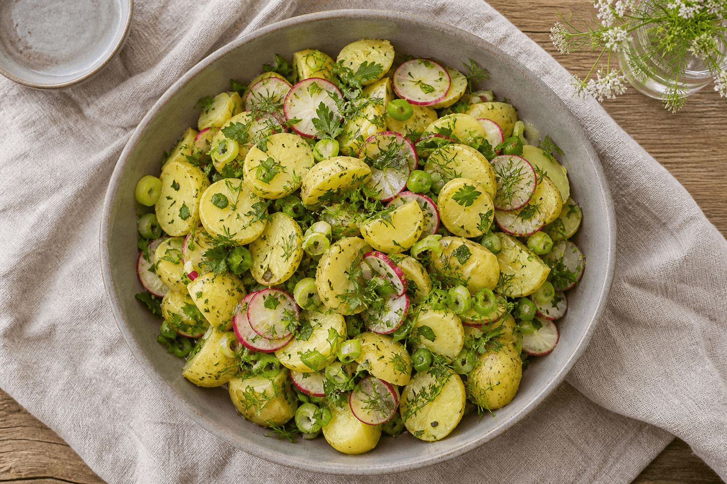 Frisk kartoffelsalat med små kartofler, radiser, forårsløg, dild og persille.
