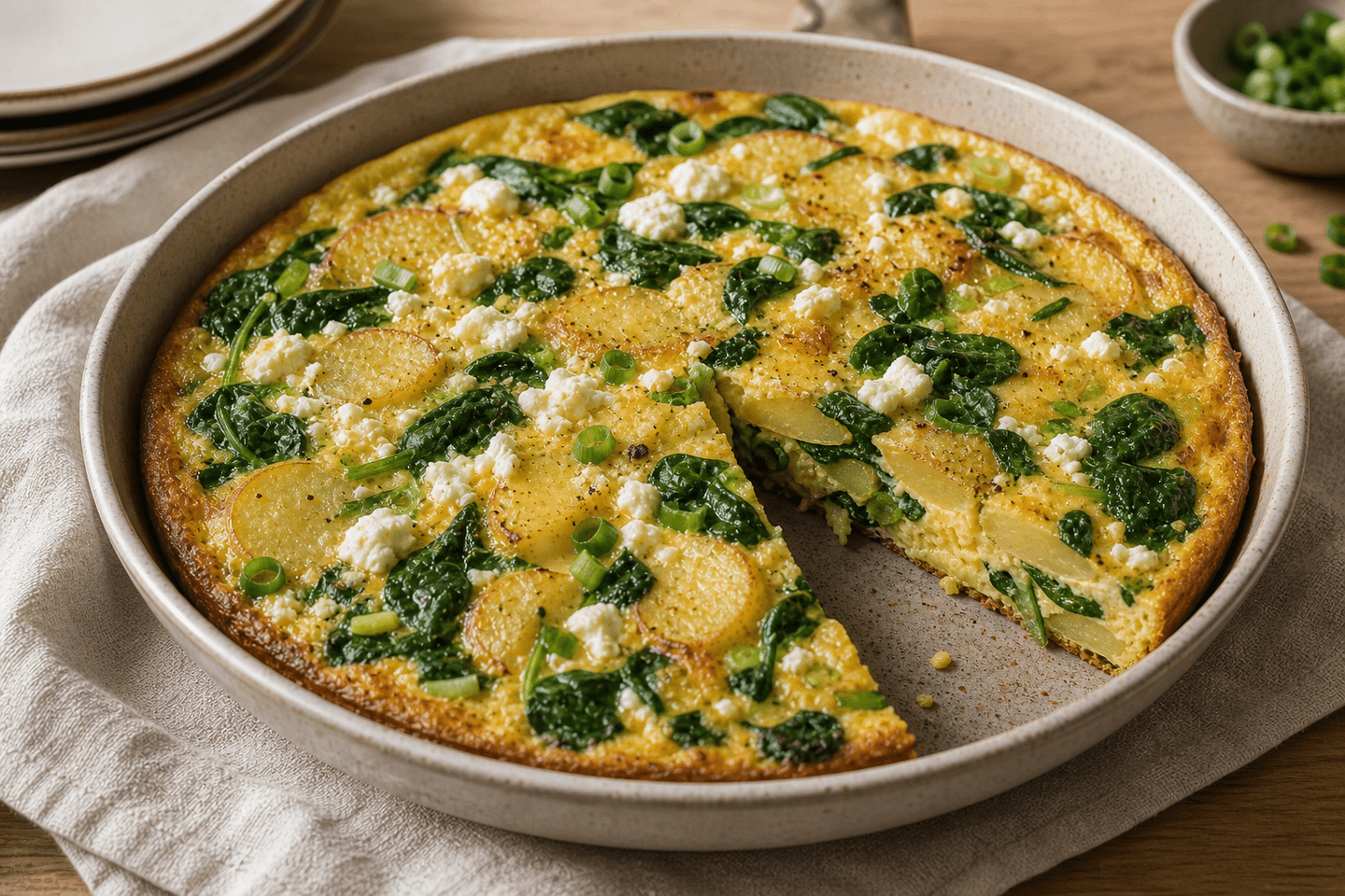 Frittata med kartofler, spinat, forårsløg og feta i et rundt fad med et stykke taget ud.