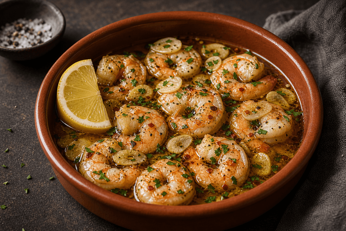 Gambas al ajillo med rejer i hvidløgsolie, chili, persille og citron.