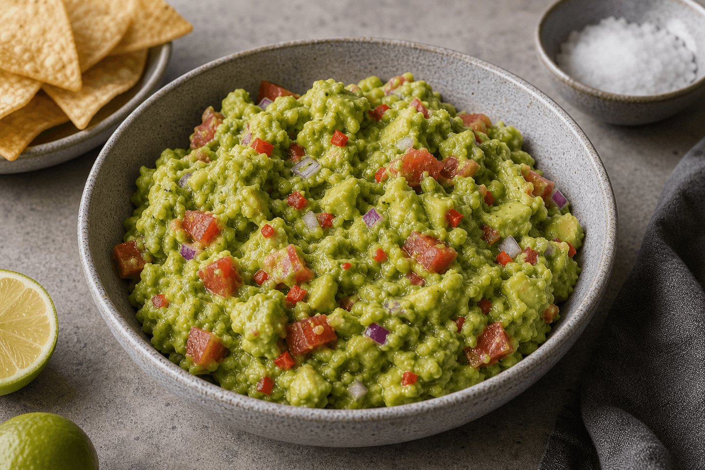 Guacamole i skål med avocado, tomat, løg, chili og lime ved siden af.