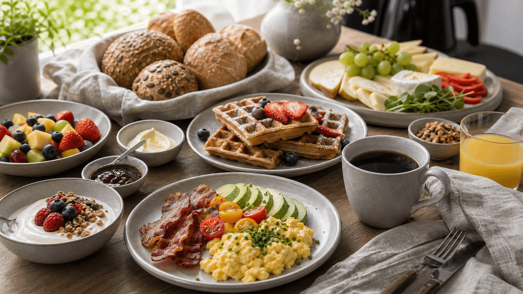 Brunchbord med æggeret, sødt bagværk og friske elementer.