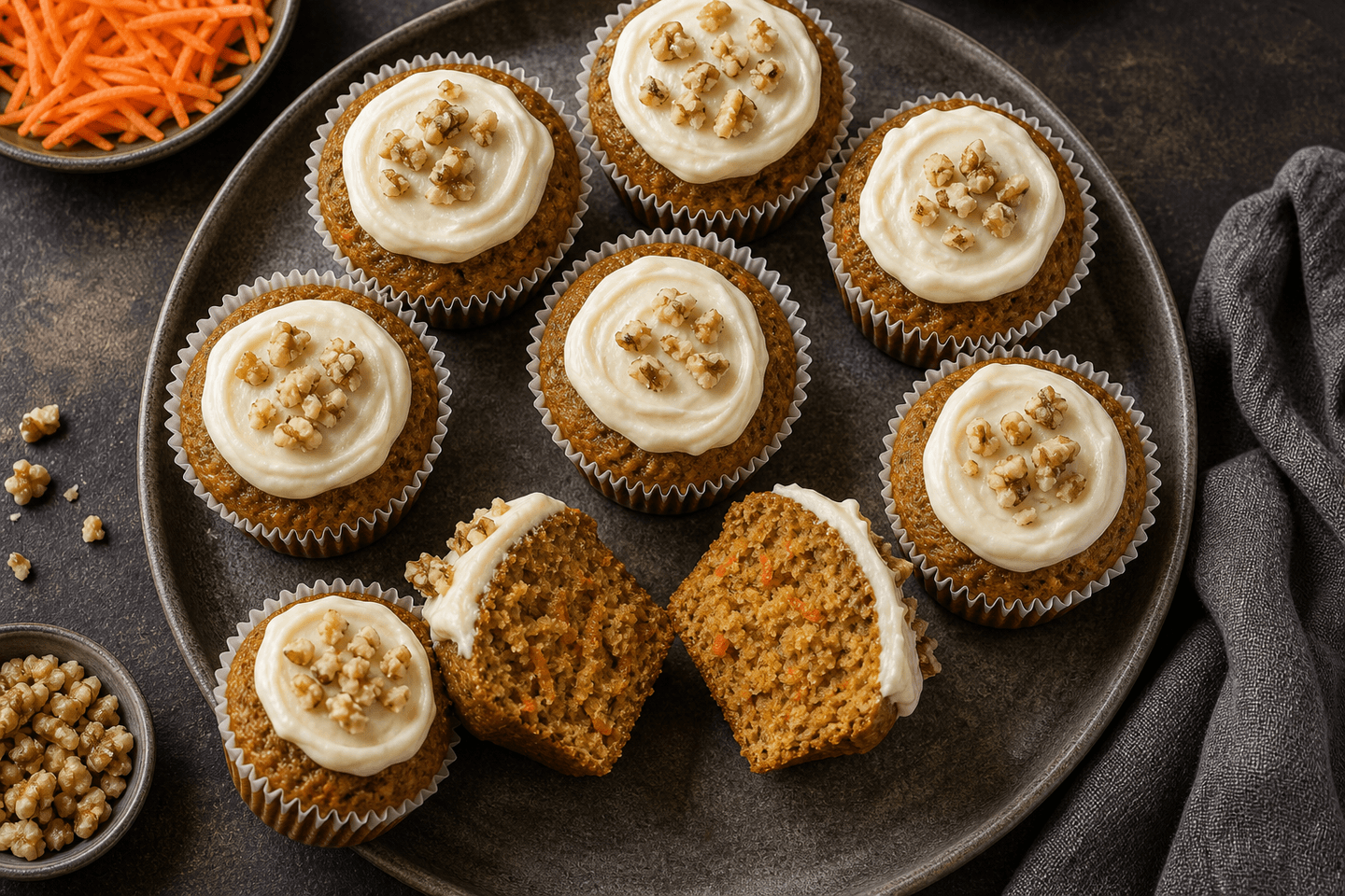 Gulerodsmuffins med cream cheese topping og en delt muffin med saftig krumme.