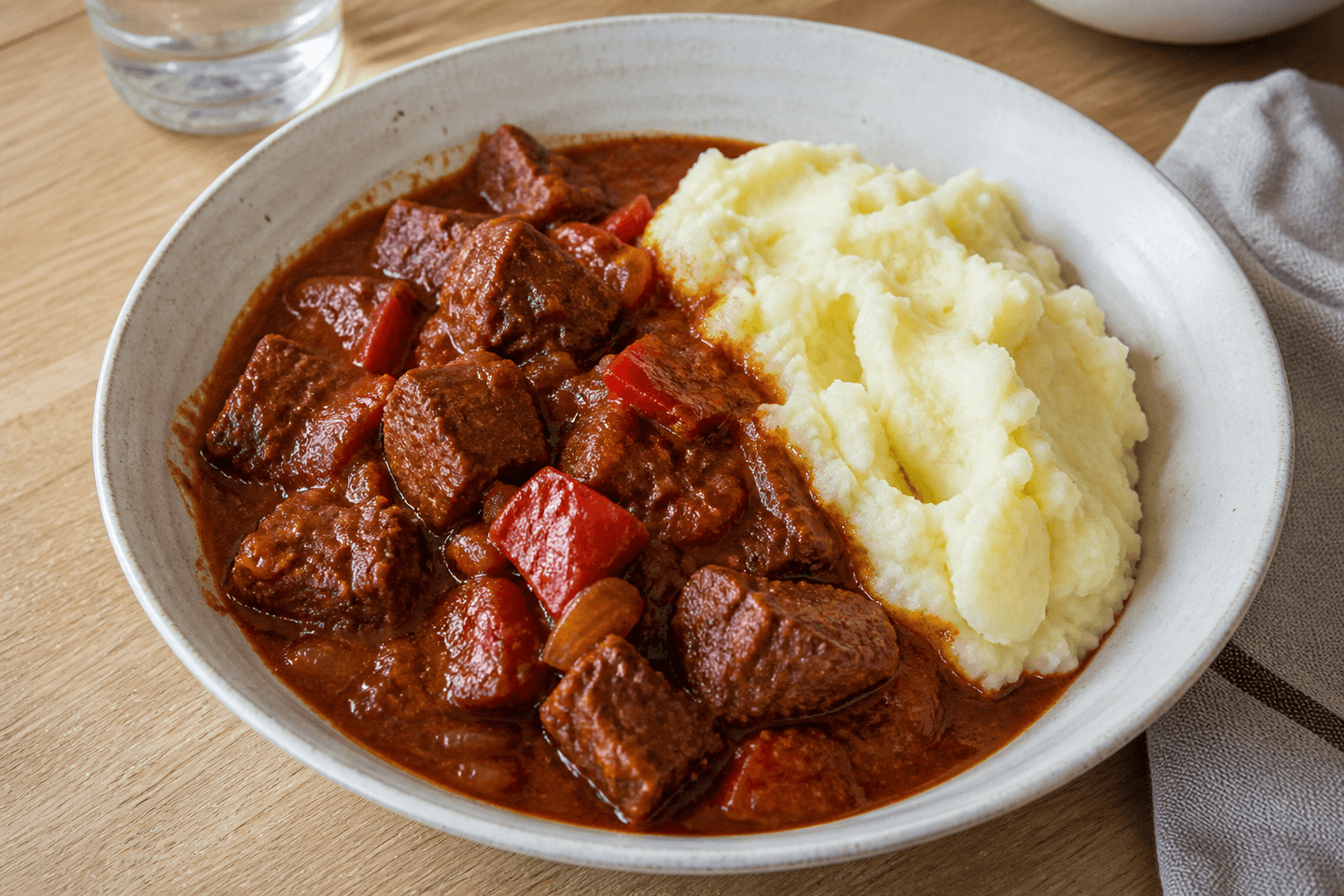Tyk gullash med møre stykker oksekød, paprika og peberfrugt serveret med rustik kartoffelmos.