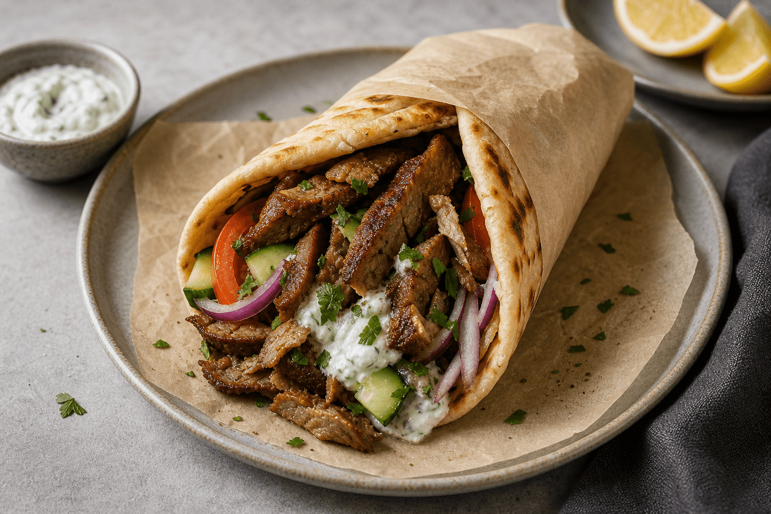 Gyros i fladbrød med krydret kød, tzatziki, tomat, agurk og rødløg.
