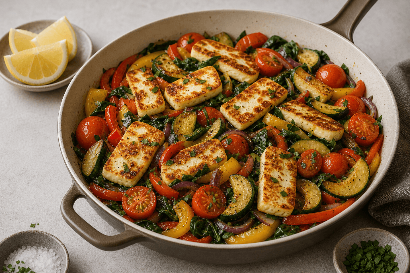 Halloumi-pande med gylden halloumi, tomater, squash, peberfrugt og spinat.
