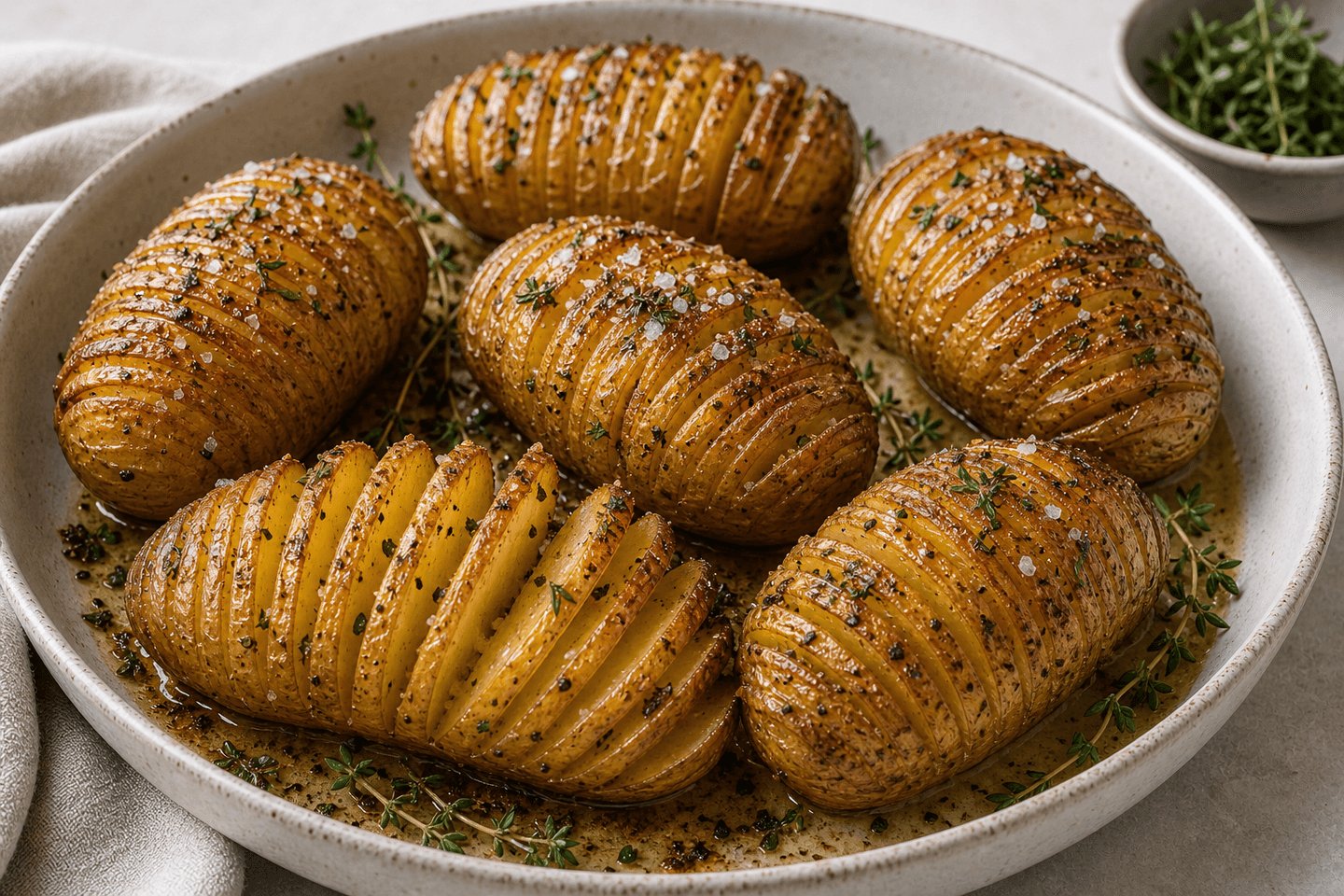 Hasselback kartofler med tynde snit, gyldne kanter, urter og smør.