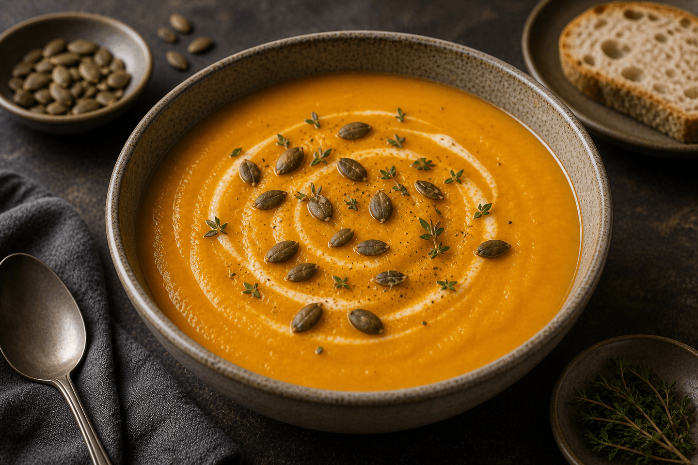Hokkaidosuppe i skål med orange cremet suppe, kerner, urter og en lys topping.