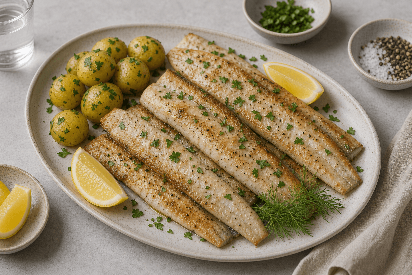 Stegt hornfisk med gylden overflade, kogte kartofler, citron og urter.