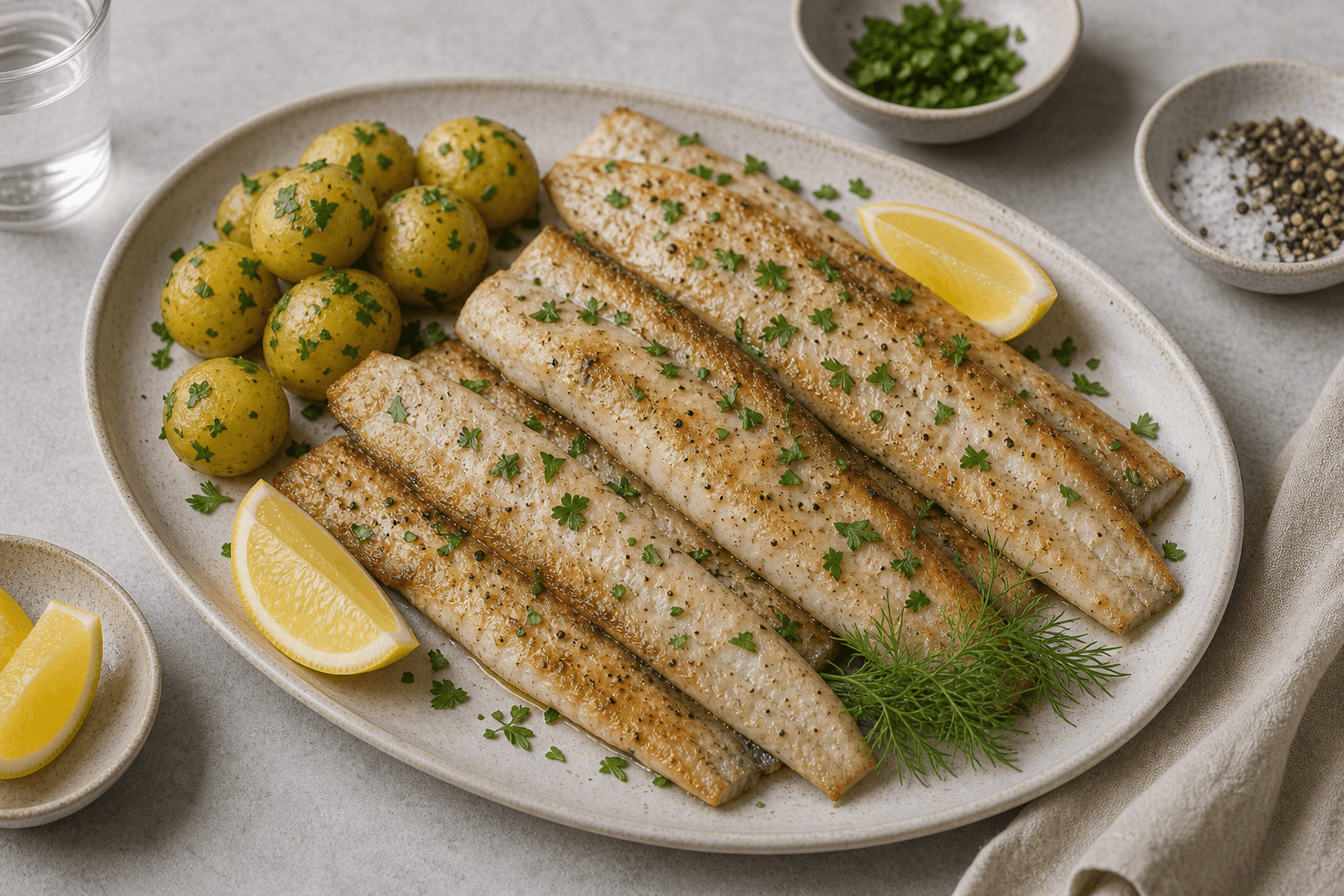Stegt hornfisk med gylden overflade, kogte kartofler, citron og urter.