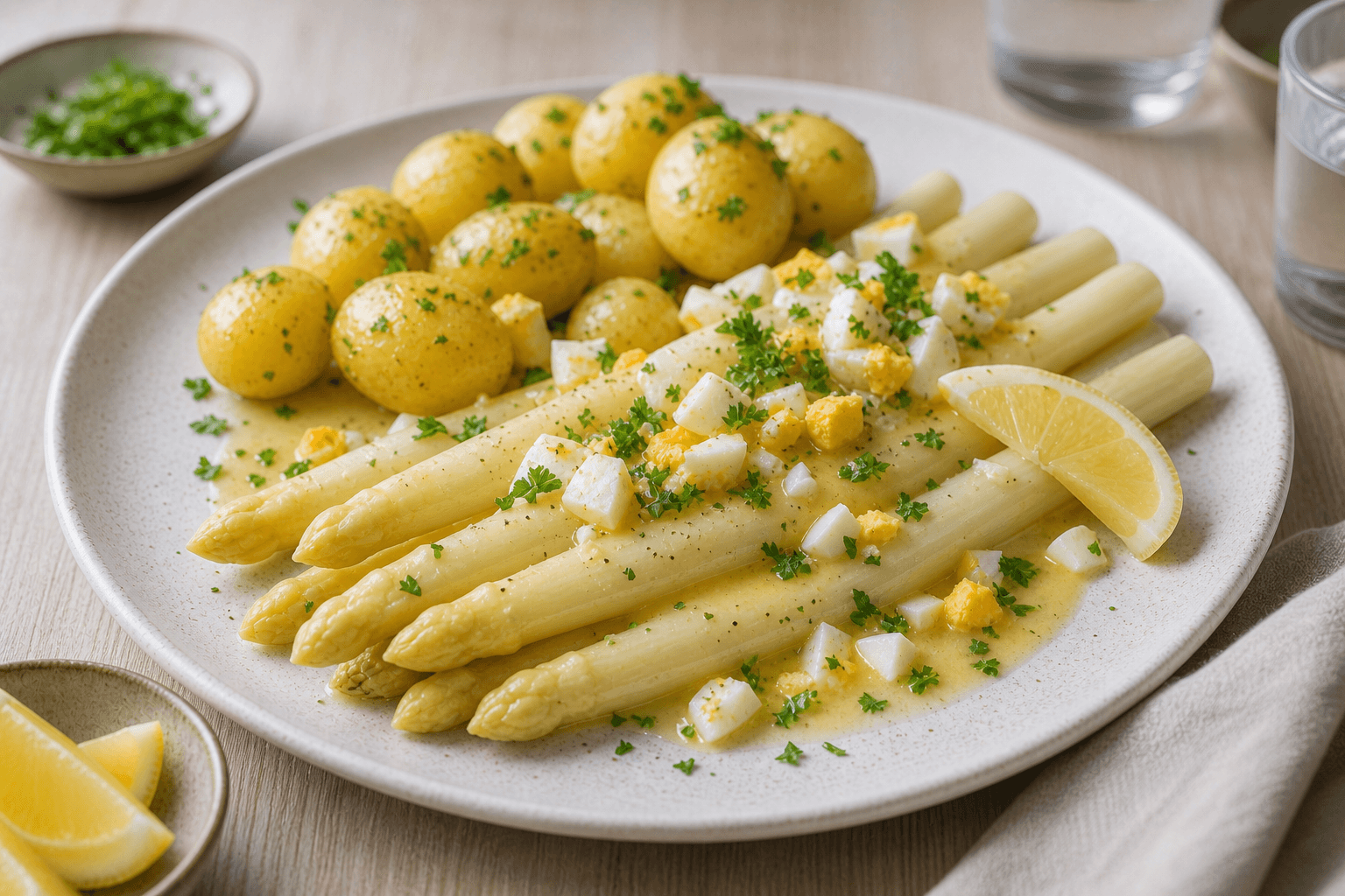 Hvide asparges med nye kartofler, hakket æg, persille, citron og smørsauce.