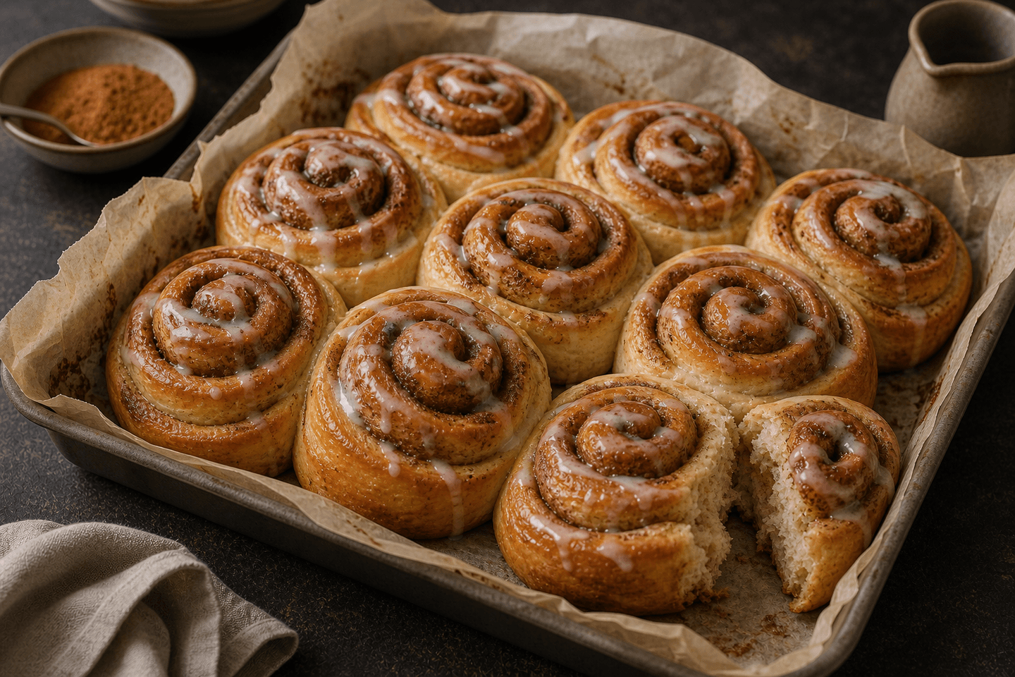 Kanelsnegle i bageform med gyldne spiraler, kanelremonce, glasur og en brækket snegl foran.