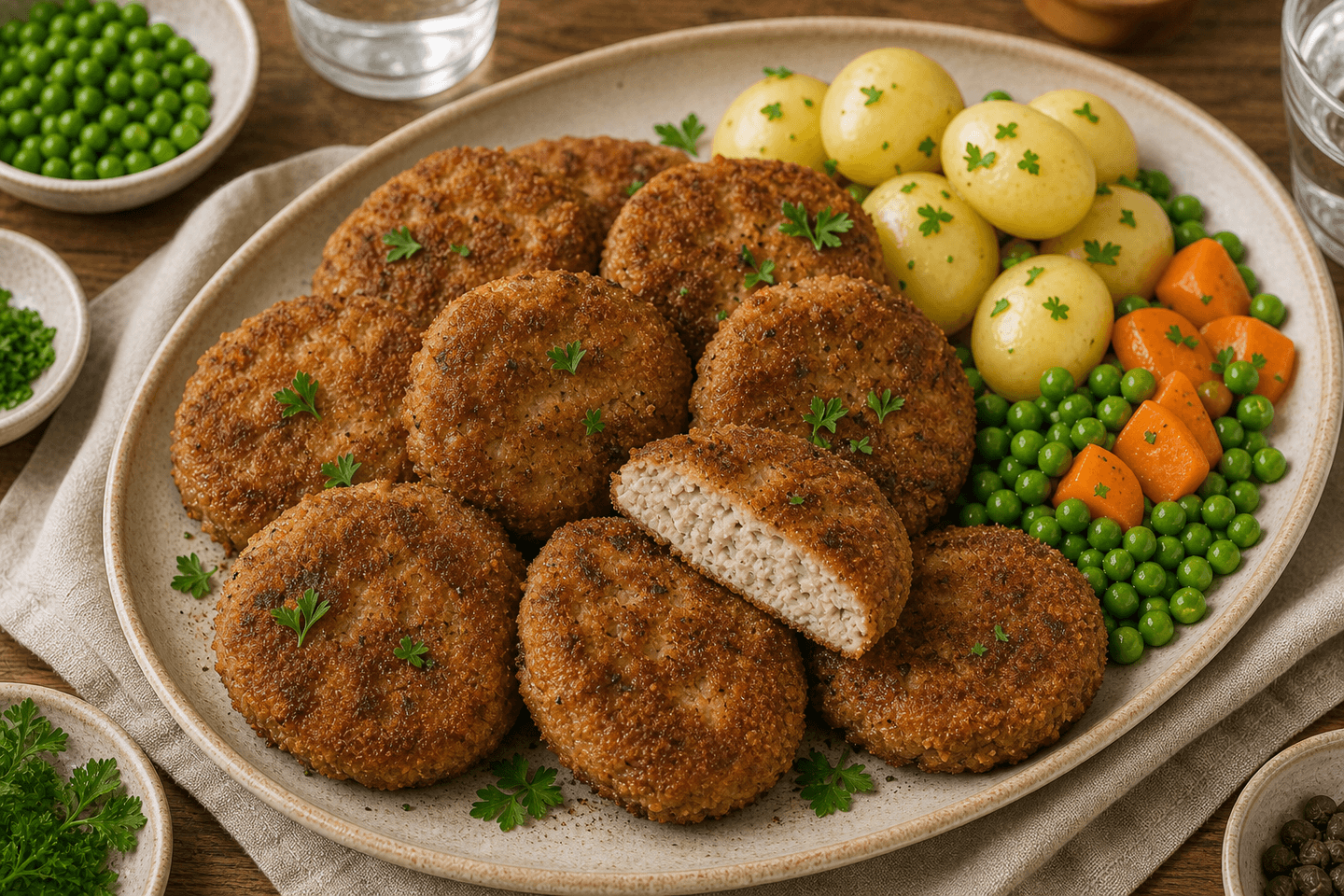 Karbonader med gylden panering, kogte kartofler, ærter, gulerødder og en halveret karbonade.