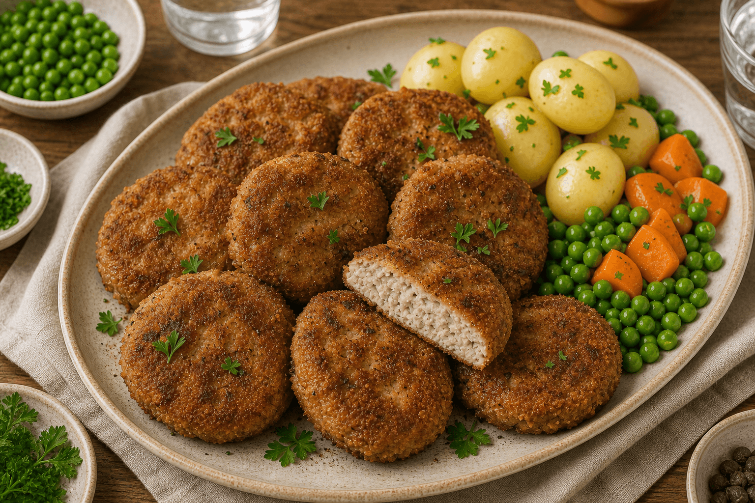 Karbonader med gylden panering, kogte kartofler, ærter, gulerødder og en halveret karbonade.