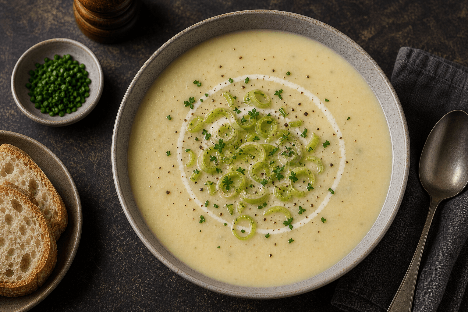 Kartoffelsuppe i skål med cremet lys suppe, porre, urter, sort peber og brød ved siden af.