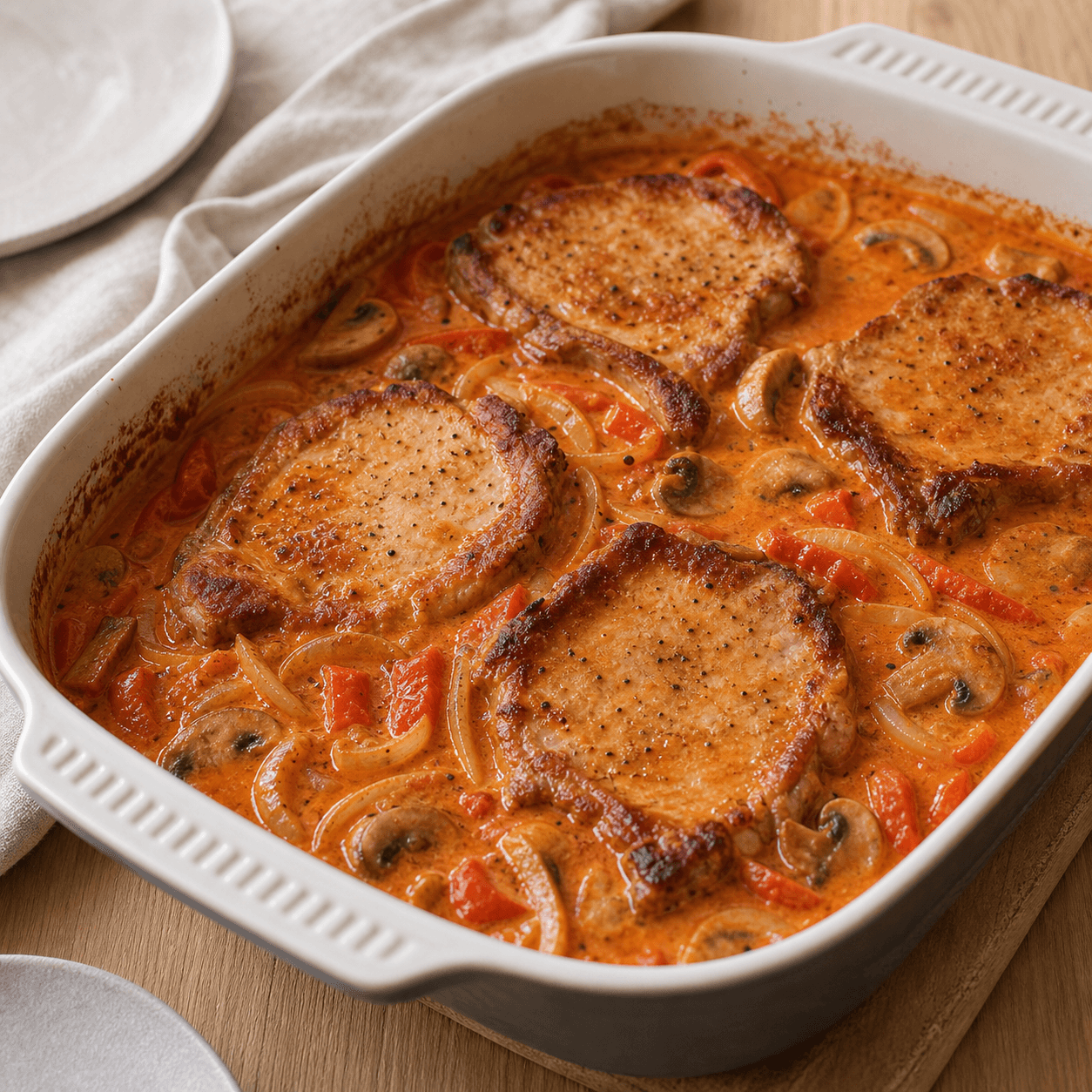 Koteletter i fad med svinekoteletter i cremet tomatsauce med løg, svampe og peberfrugt.