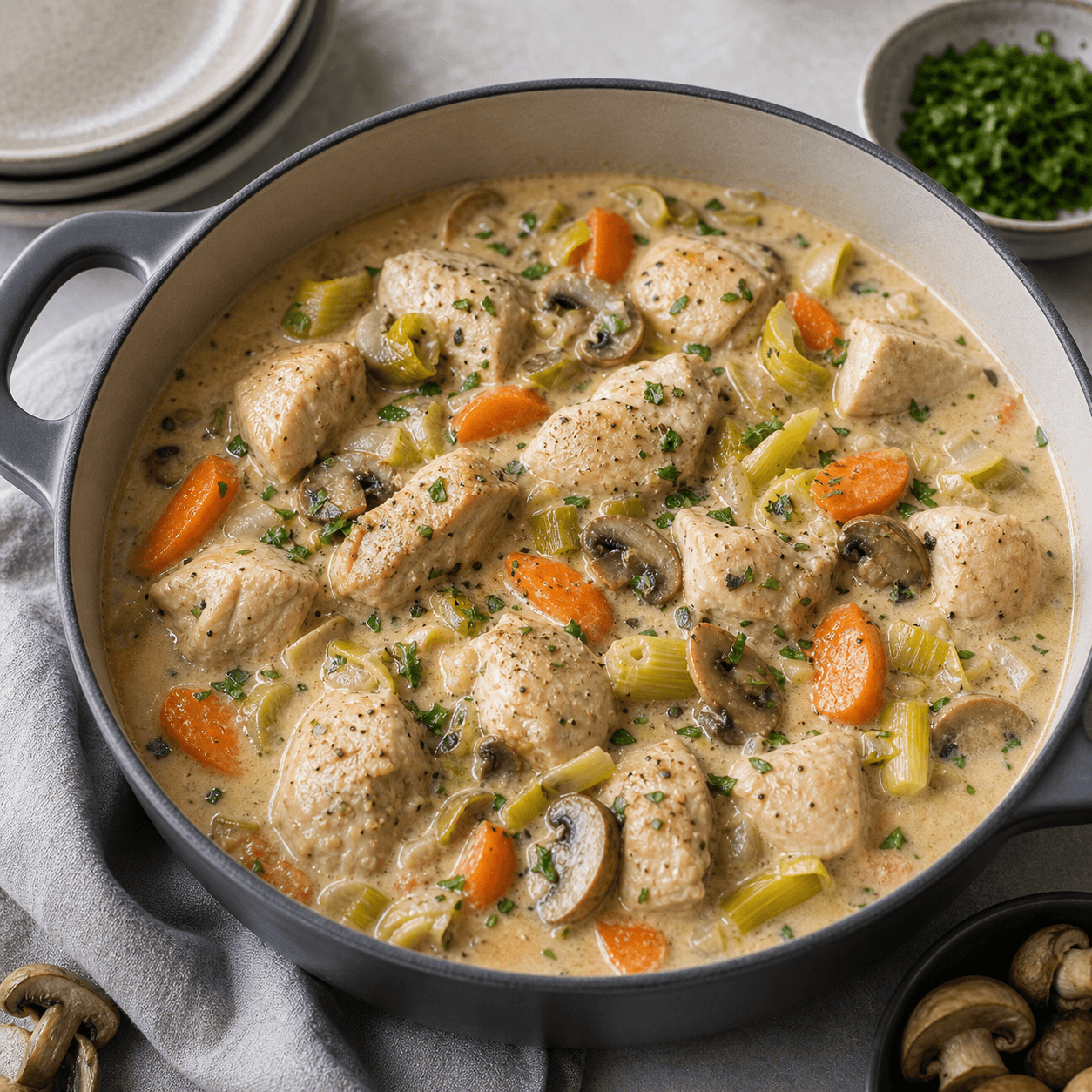 Kyllingegryde med kyllingestykker, porre, gulerod og svampe i lys cremet sauce.