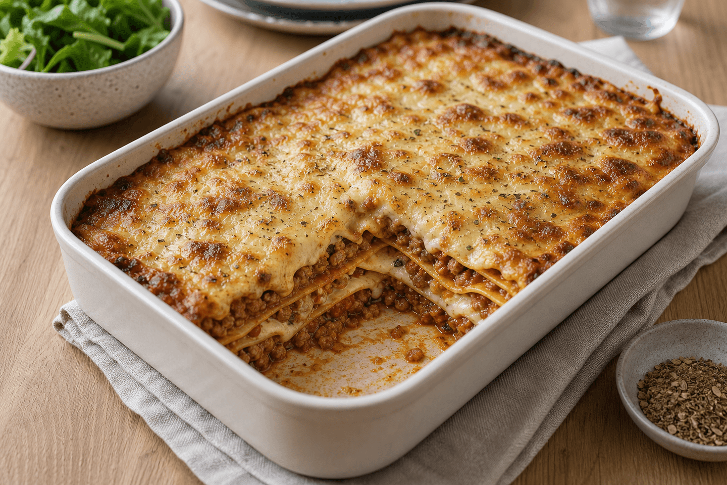 Lasagne med hakket grisekød i ovnfast fad med brunet ost, tomatsauce og synlige pastalag.