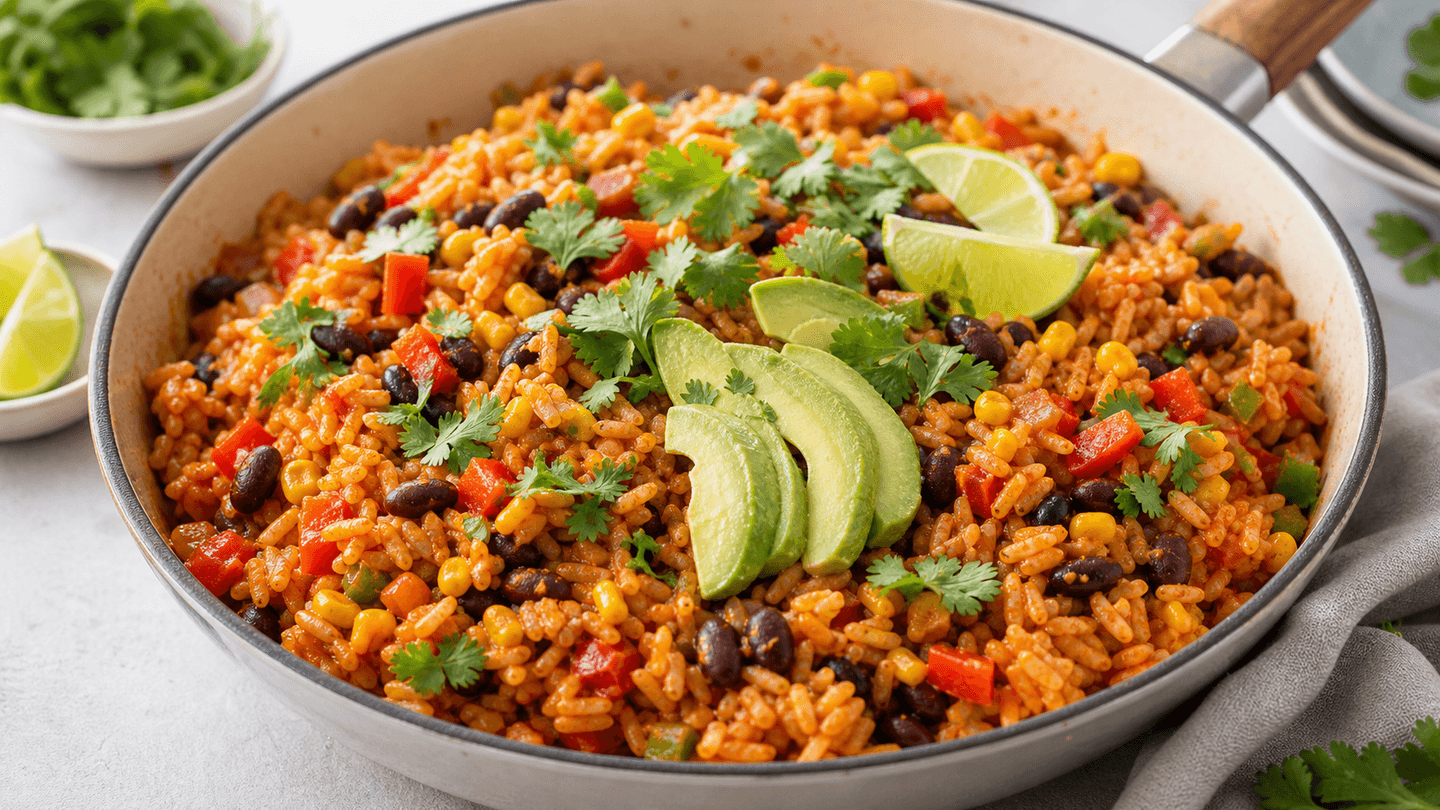 Mexicansk risret i pande med rød ris, bønner, majs, avocado, lime og koriander.